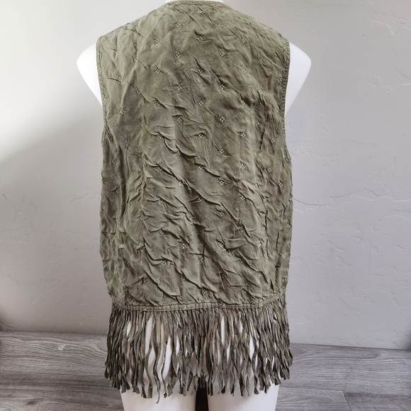 Action Wear Sage‎ Green Vest L Vintage Quilt Pattern Fringe Embroidered Crushed - Picture 2 of 13